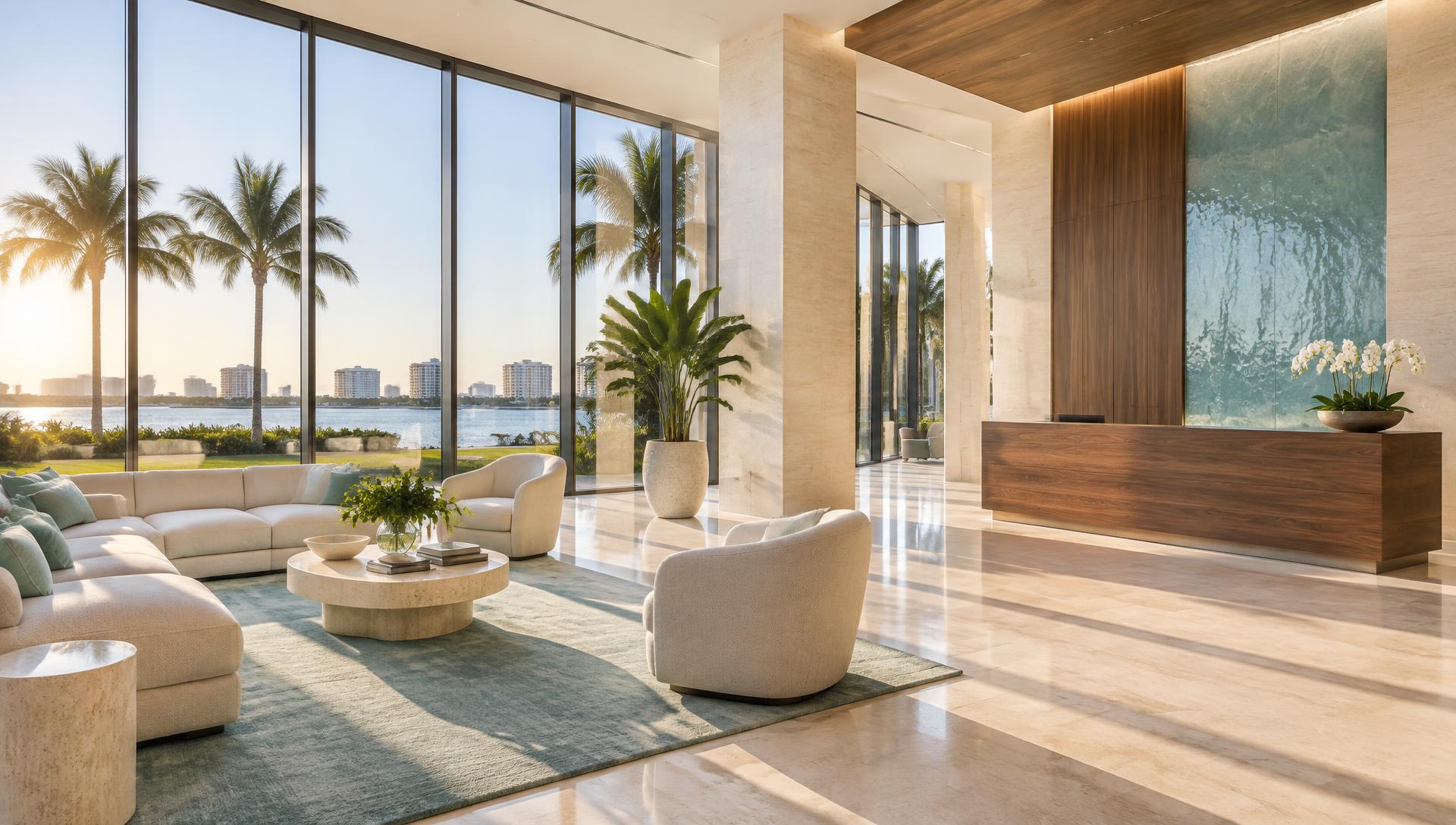 Sunlit executive lobby with waterfront views